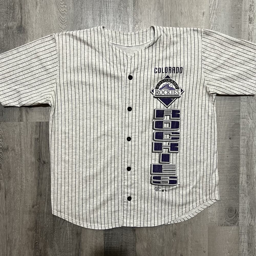 VTG Colorado Rockies MLB Baseball Button Shirt 90s Striped Cotton Jersey Grey M